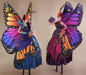 Spring themed entertainment ideas - BUTTERFLY STILTS -spring GARDEN PERFORMERS TO HIRE UK